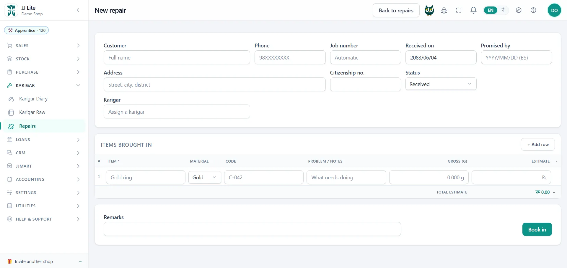 New repair — items, estimate and the date promised