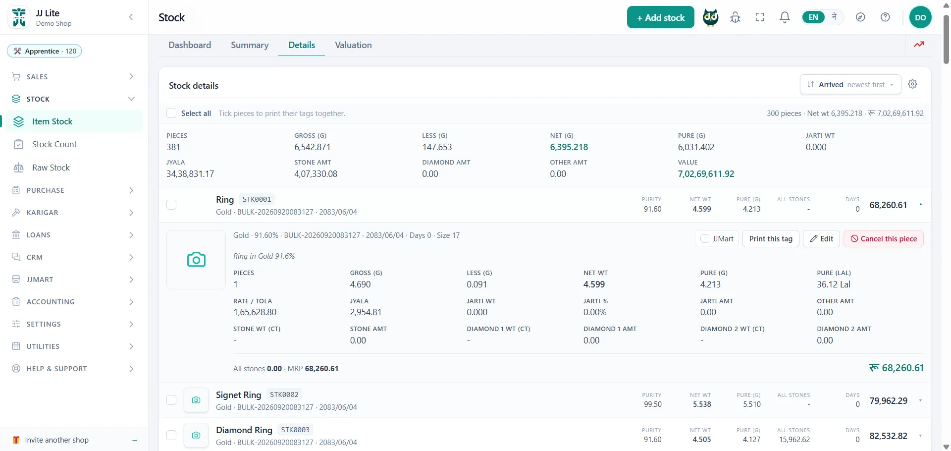 Stock details — purity, weights, rate and value per piece